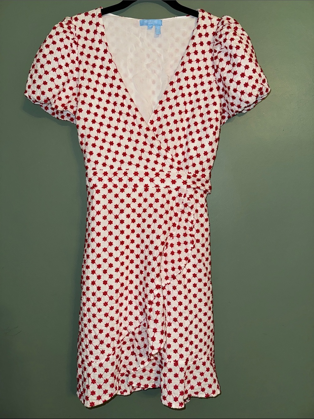 Draper James White Dress with Red Floral Print and Puff Sleeves Cottagecore